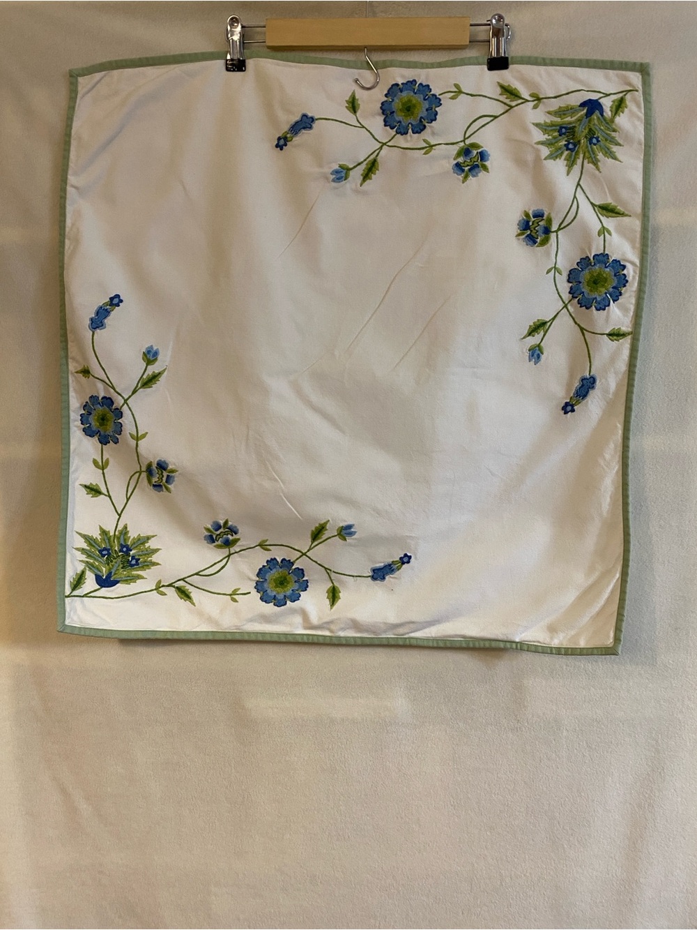 Pottery Barn white blue green floral embroidered square Euro sham